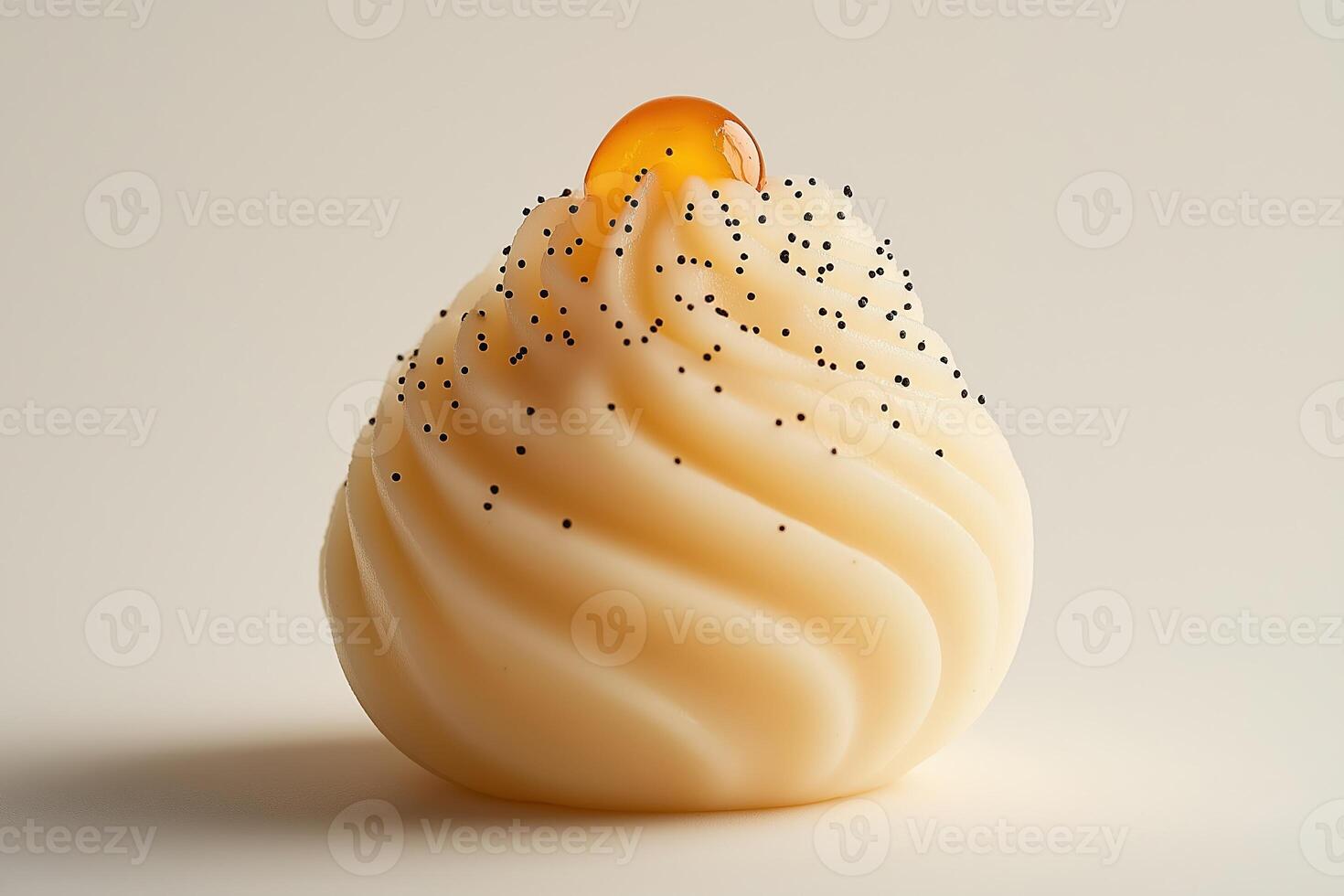 Creamy dessert garnished with poppy seeds and honey droplet on neutral background photo