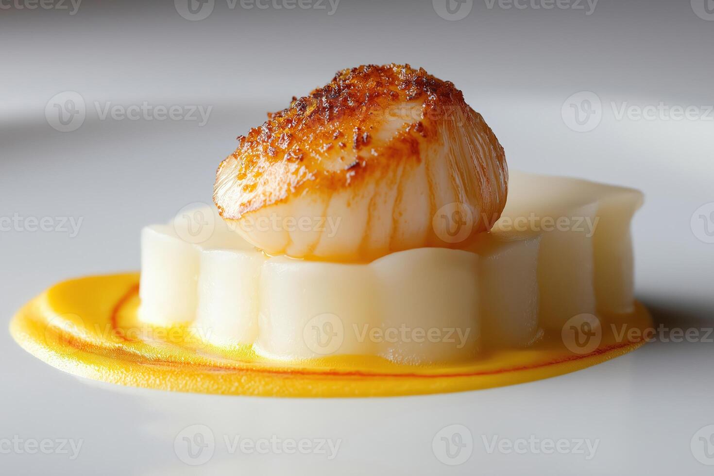 Seared scallop appetizer sitting on a daikon flower with saffron sauce photo