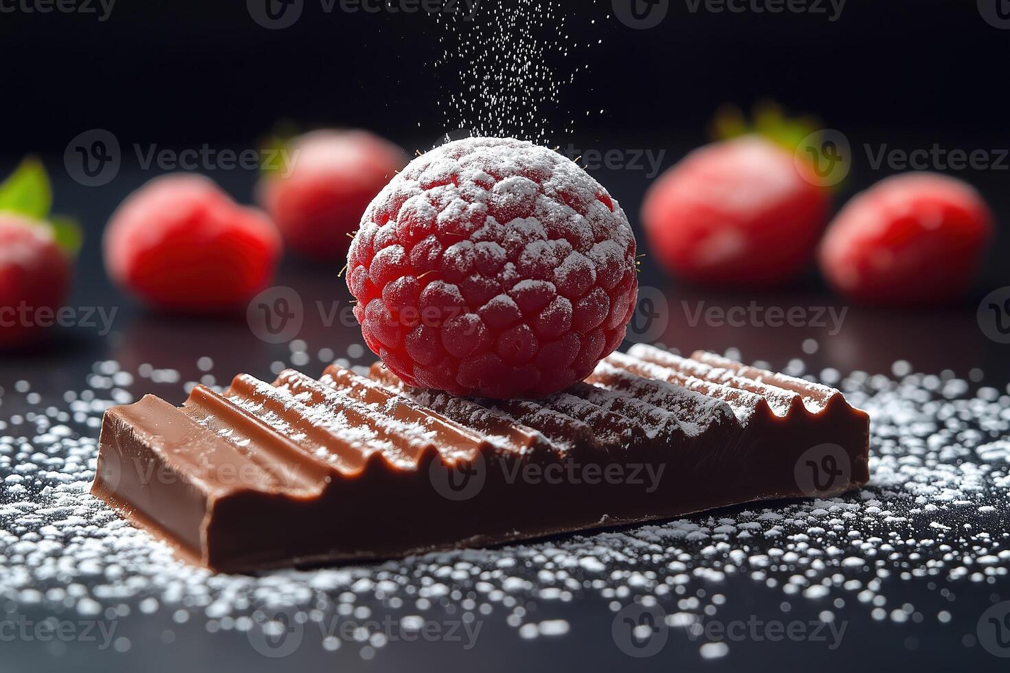 Icing sugar falling on raspberry and chocolate bar photo