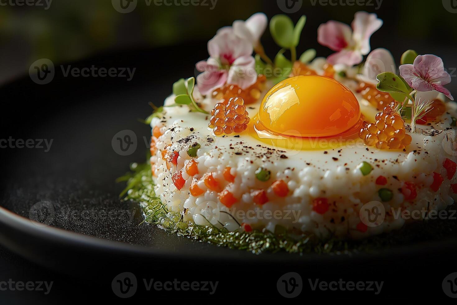 Gourmet risotto with egg yolk, caviar, and edible flowers impressing with elegance photo