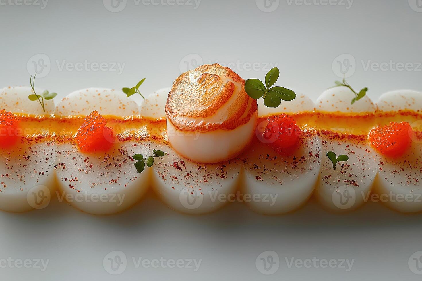 Seared scallop sitting on white turnips with garnish and orange sauce photo