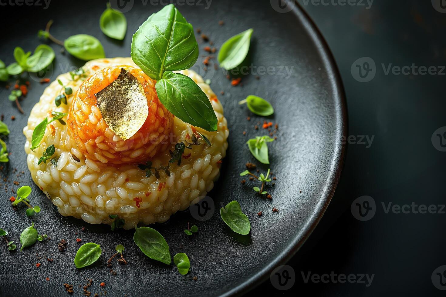 Saffron risotto arancino with basil and gold leaf on elegant plate photo