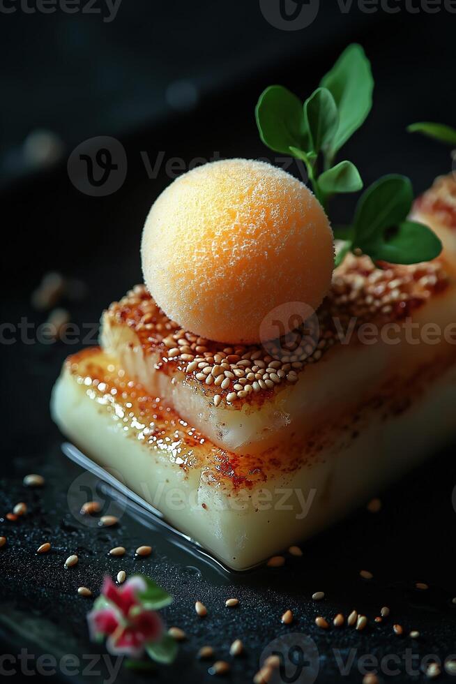 Delicious dessert with toasted sesame seeds and sorbet, garnished with microgreens, served on a black plate photo