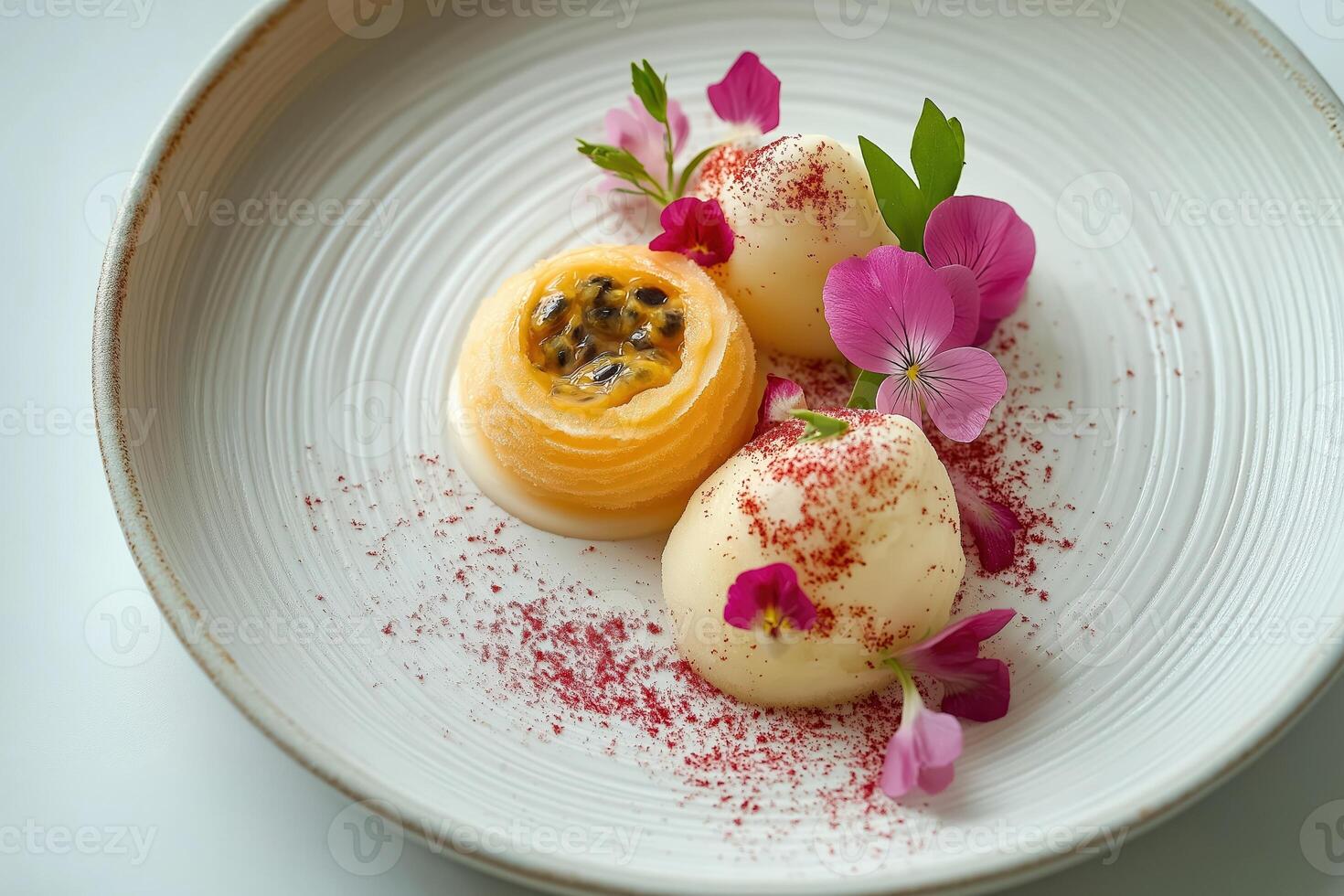 Melon and passion fruit dessert with edible flowers impressing in a michelin star restaurant photo
