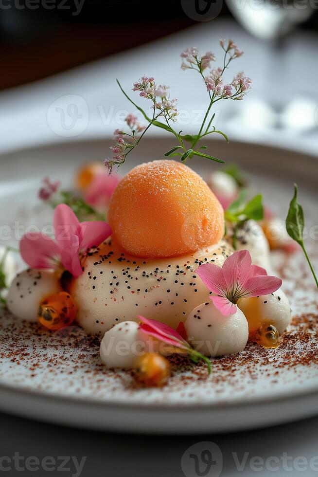 Gourmet dessert with sorbet and edible flowers impressing with elegance photo