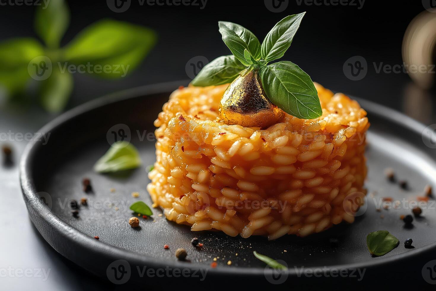 Saffron risotto decorated with gold and basil on elegant black plate photo
