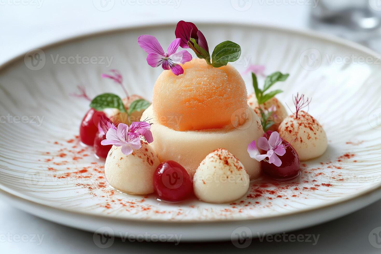 Gourmet sorbet dessert with melon, cream, and edible flowers impressing with elegance photo