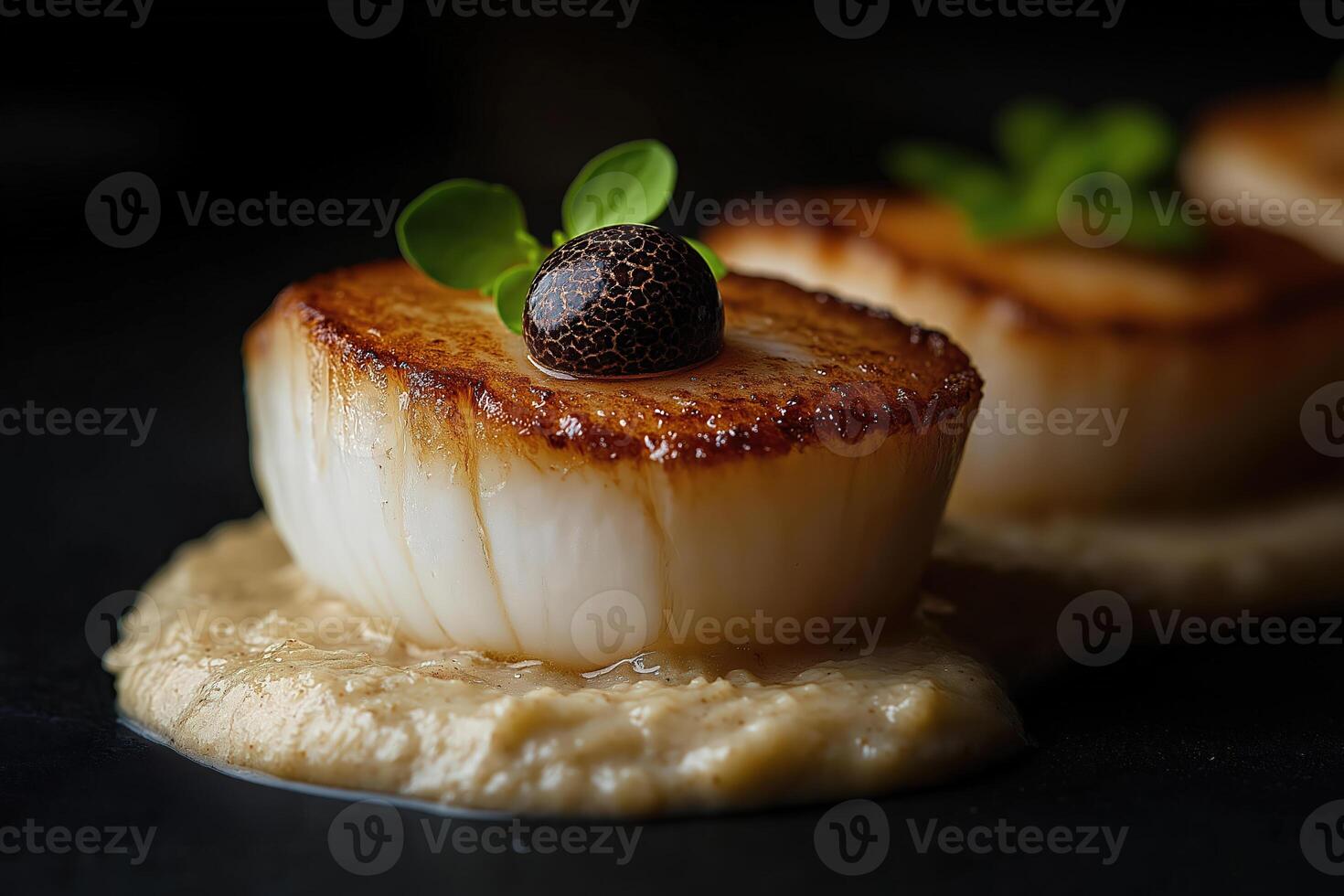 Seared scallops with black truffle and parsley resting on creamy sauce photo