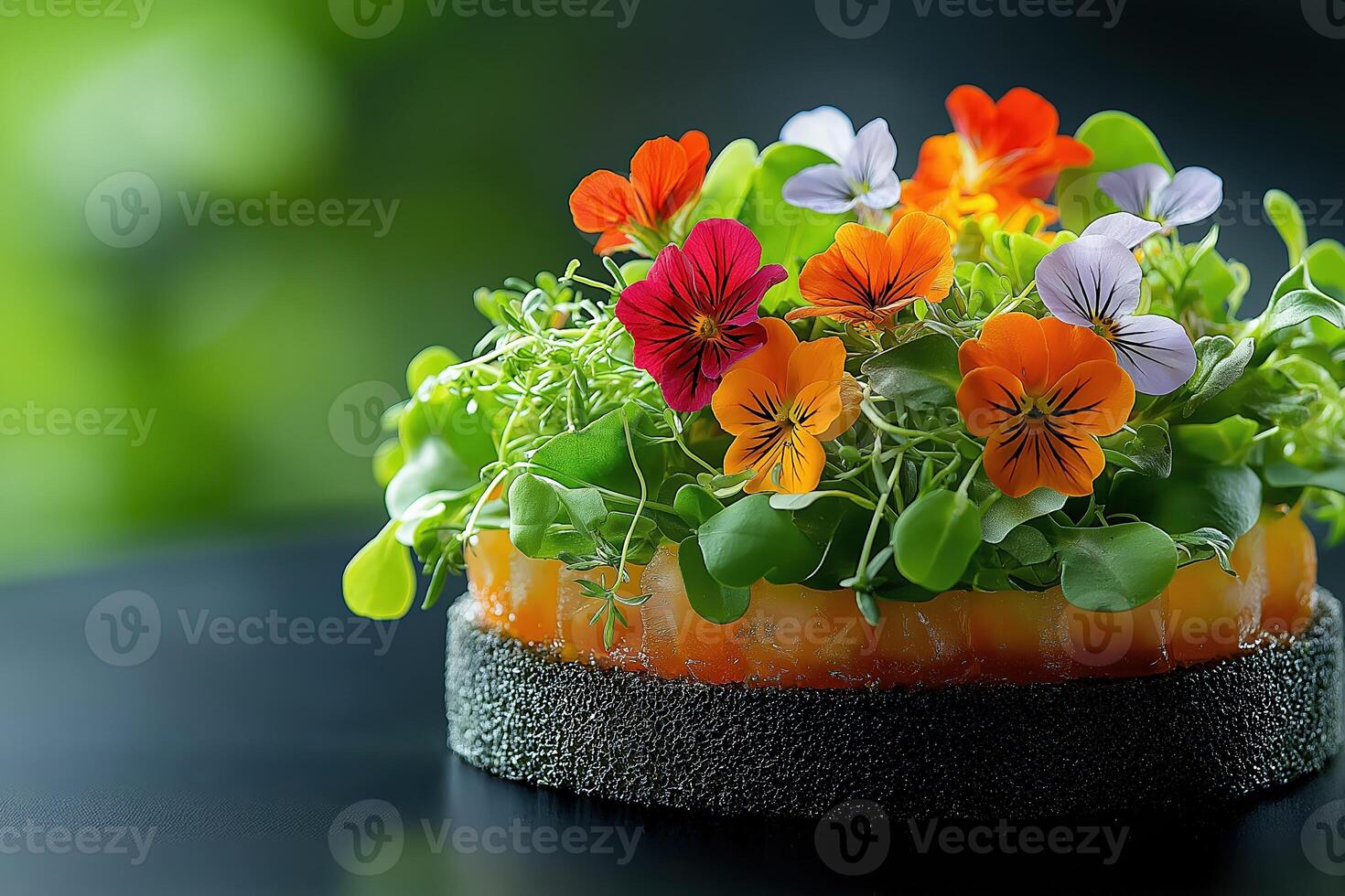 Salmon tartare dish decorated with edible flowers and microgreens photo