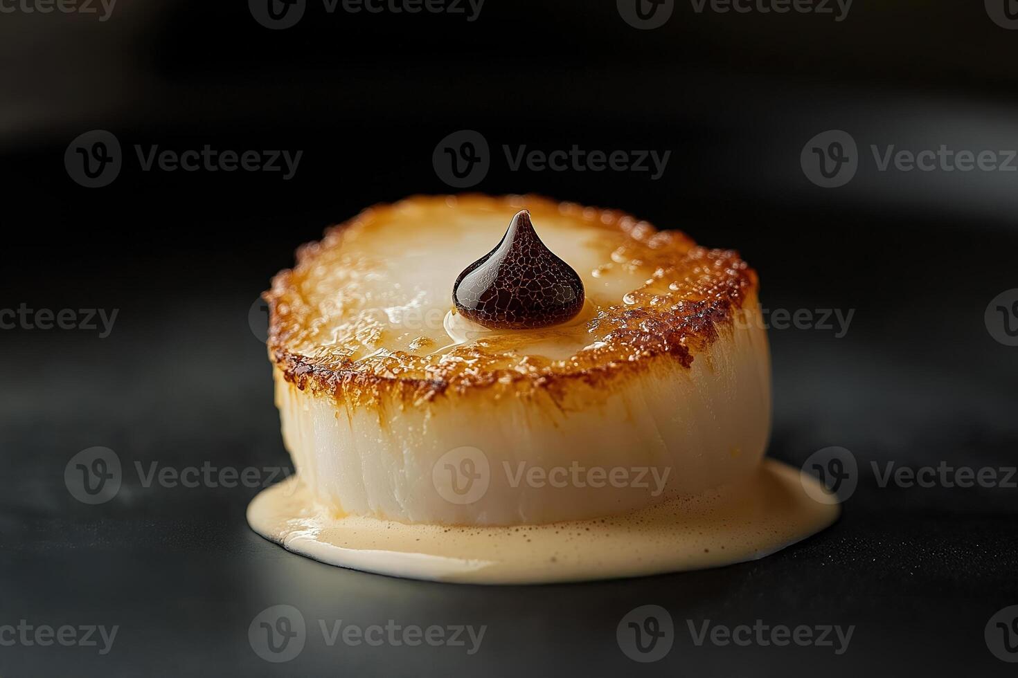 Seared scallop with sauce and balsamic glaze on black plate photo