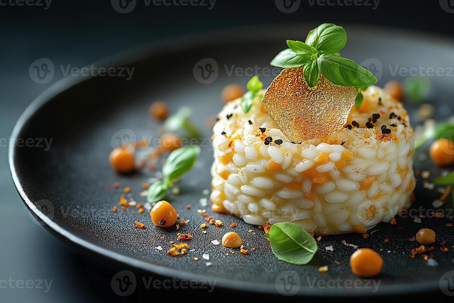 Delicious risotto with sea buckthorn and basil embellishing a michelin star restaurant dish photo
