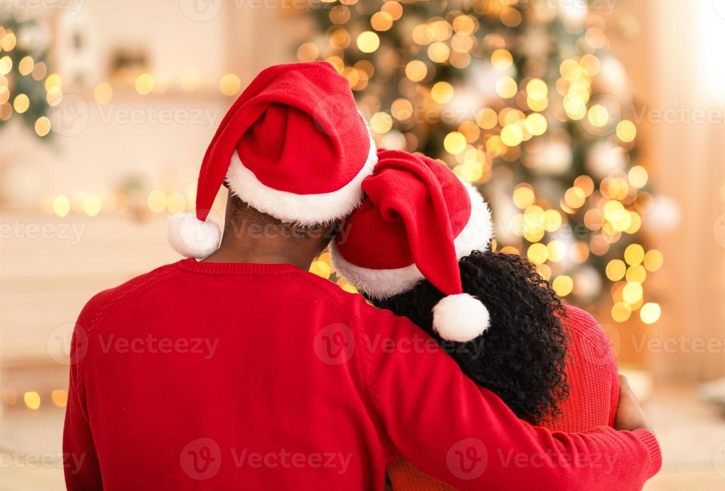Young happy couple embracing and relaxing on comfortable couch. Loving young african american husband and wife in Santa Claus hats hug and look at Xmas tree and living room decor with garlands, back photo