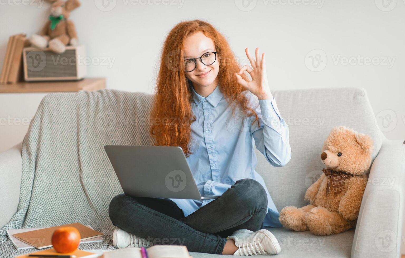 Everything Is Okay. Positive smiling red-haired teenager girl in glasses showing ok sign gesture sitting on the sofa with crossed legs and using laptop, doing homework, recommending online school photo