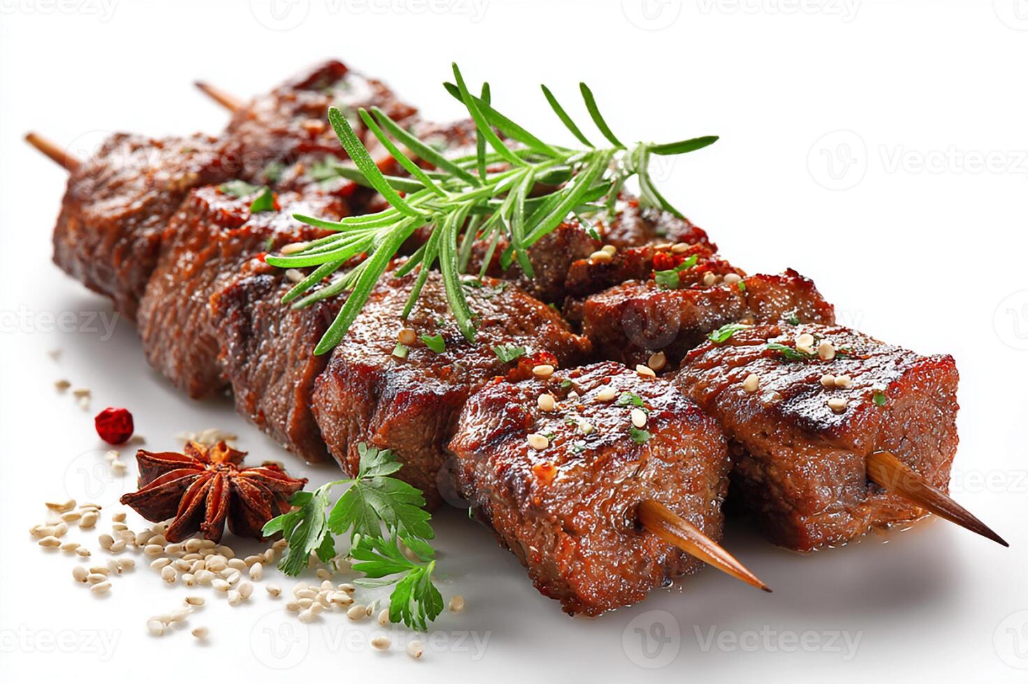Juicy cumin spiced beef kababs served fresh on white backdrop photo