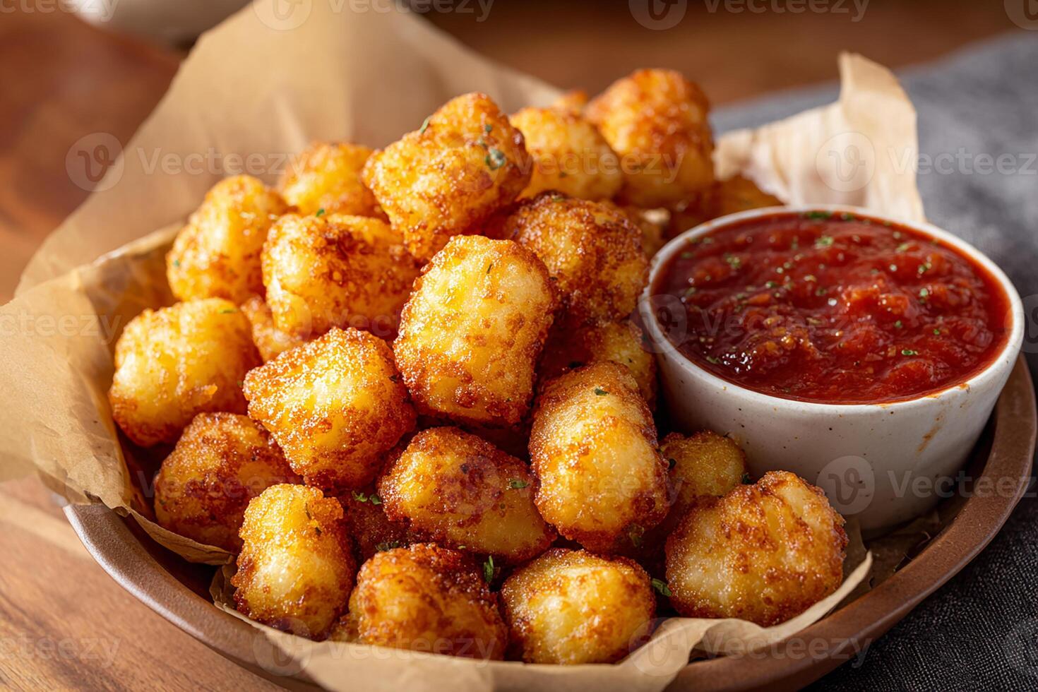 Tasty crispy cheese curds with flavorful marinara sauce ready to eat on white background photo