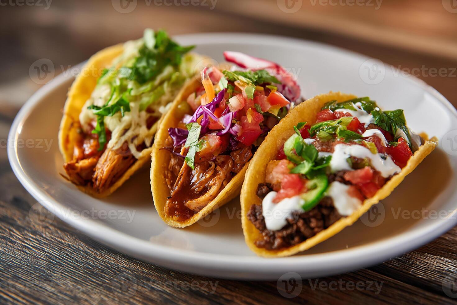 Realistic taco trio with chicken beef and veggie served on clean white background photo