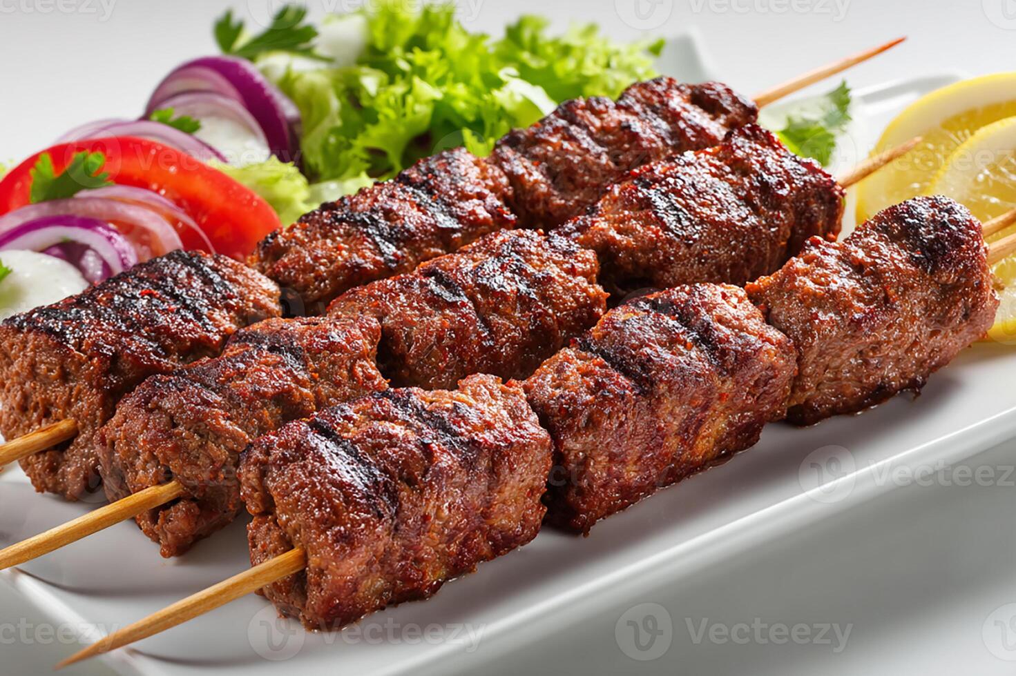 Delicious Turkish beef adana kababs with spices grilled on white background photo