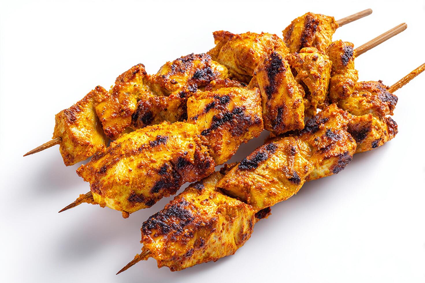 High quality photo of curry marinated grilled chicken skewers on white background