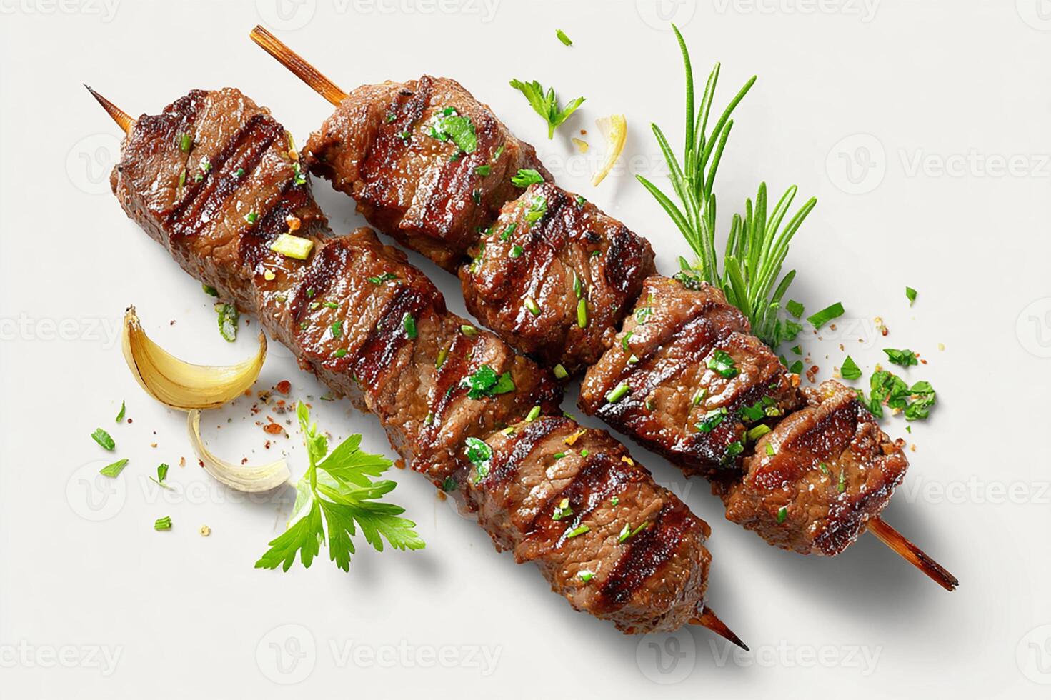 Realistic grilled beef kababs with green herbs on white background photo