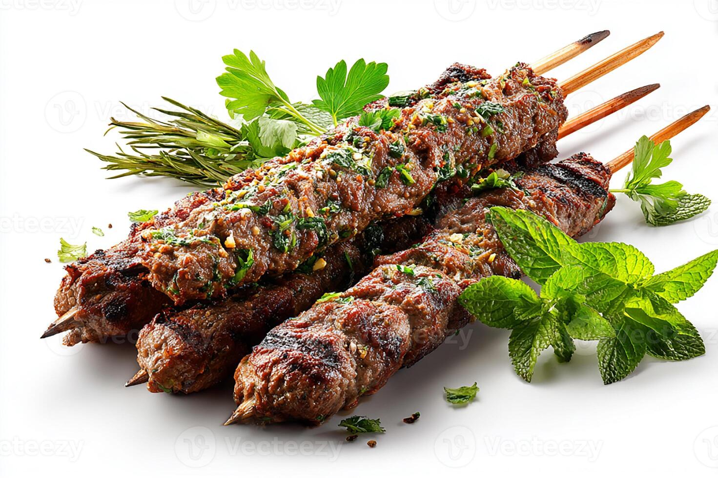 Grilled beef kababs garnished with herbs on white plate surface photo