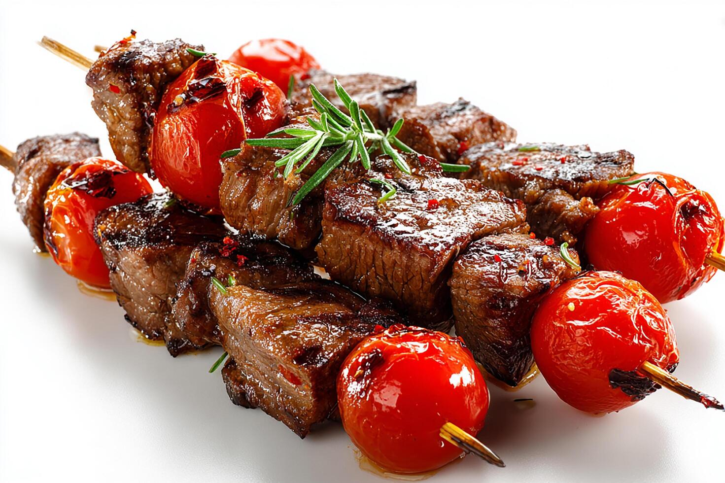 Tasty grilled skewers with beef and tomatoes on white surface photo