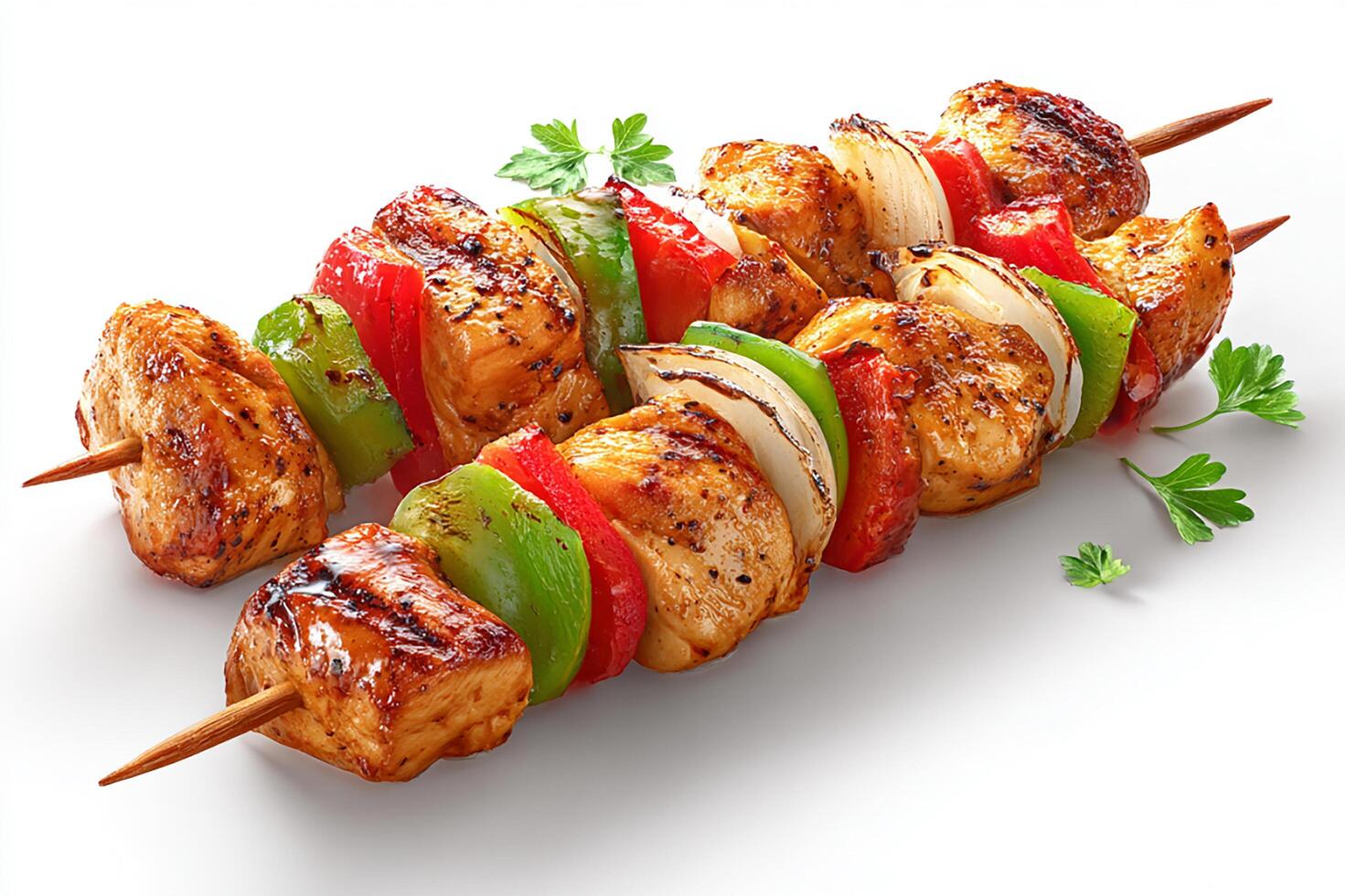 Realistic grilled chicken kababs with bell pepper and herbs on white background photo