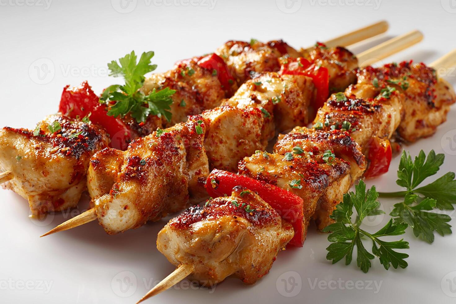 Realistic grilled chicken skewers with red paprika on clean white background photo