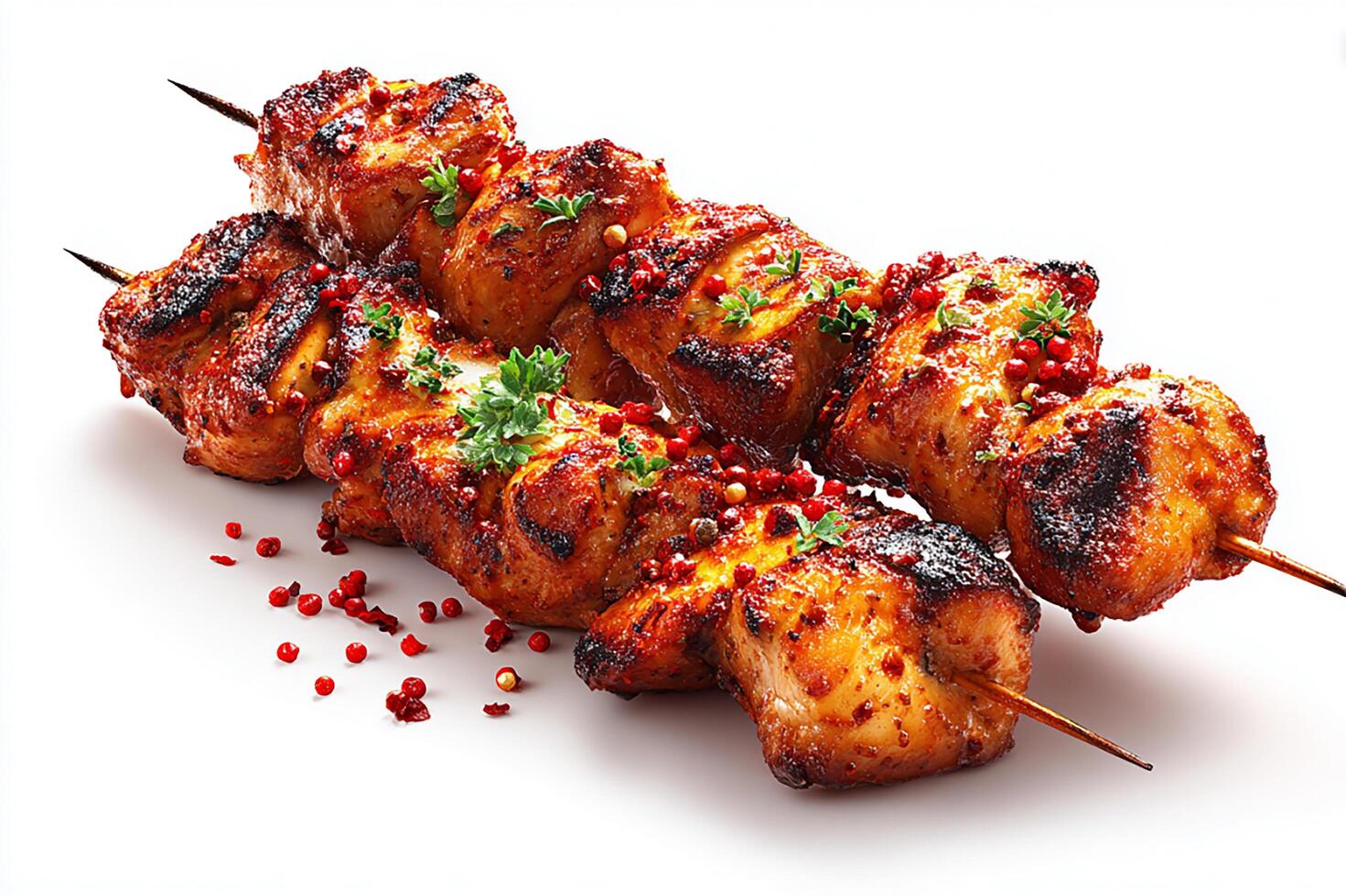 High quality photo of grilled spicy chicken skewers with charred texture on white