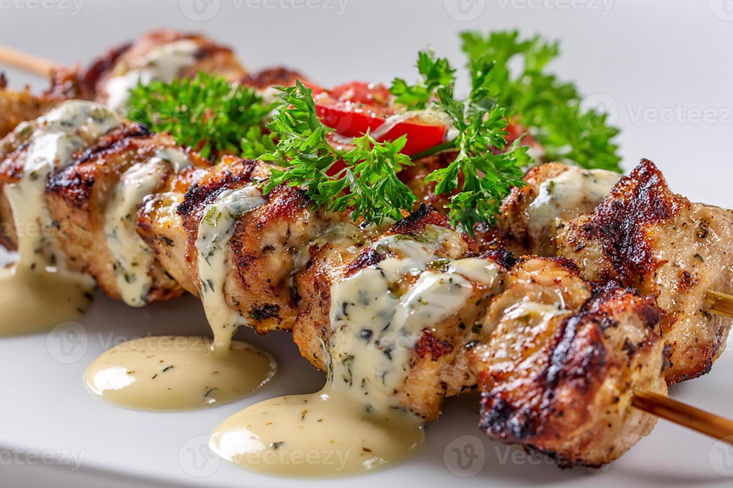 Grilled chicken kababs served with smooth and creamy garlic marinade photo