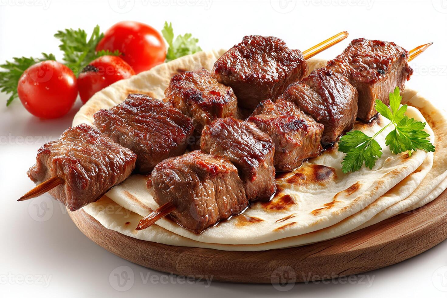 Grilled beef kababs served on soft flatbread on white surface photo