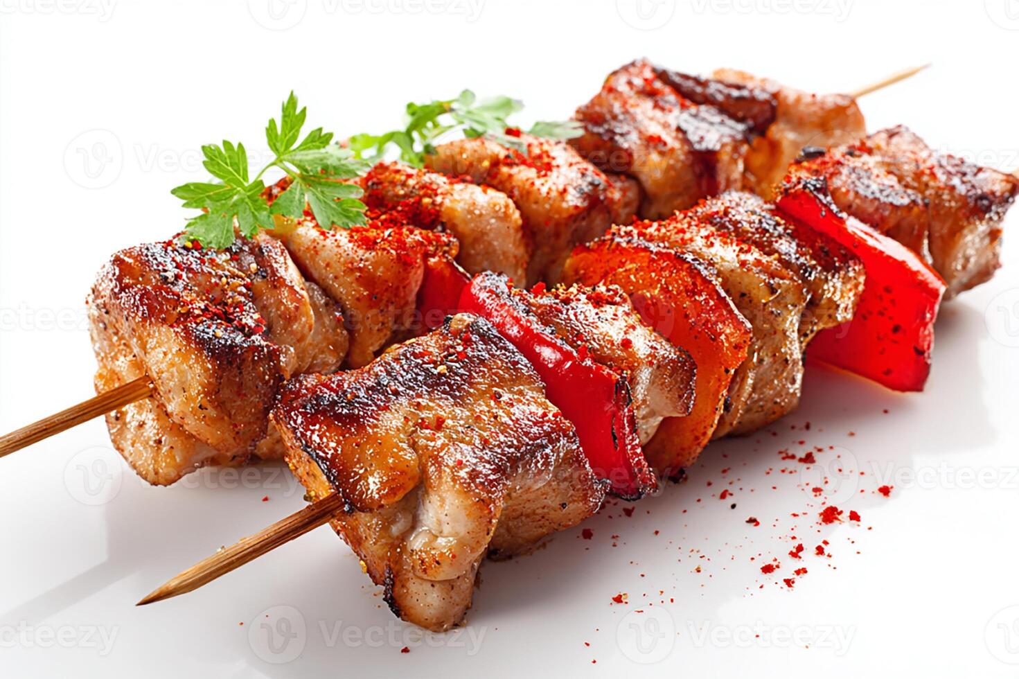Juicy grilled chicken and red paprika skewers served on a white backdrop photo