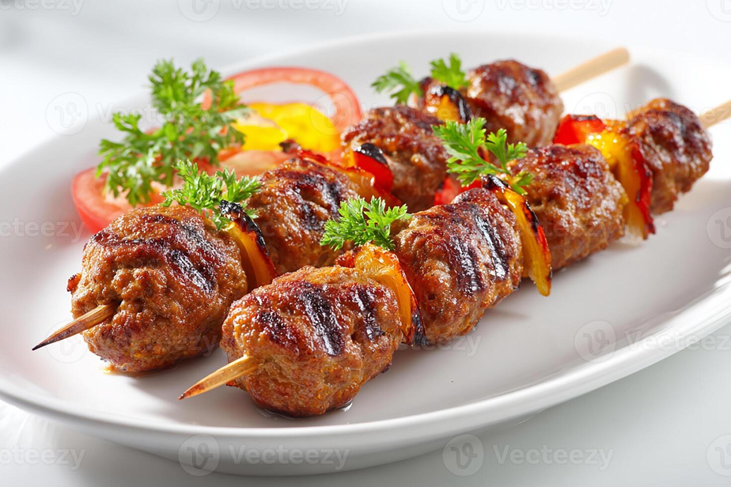 Deliciously grilled kababs placed on white plate with minimal presentation photo