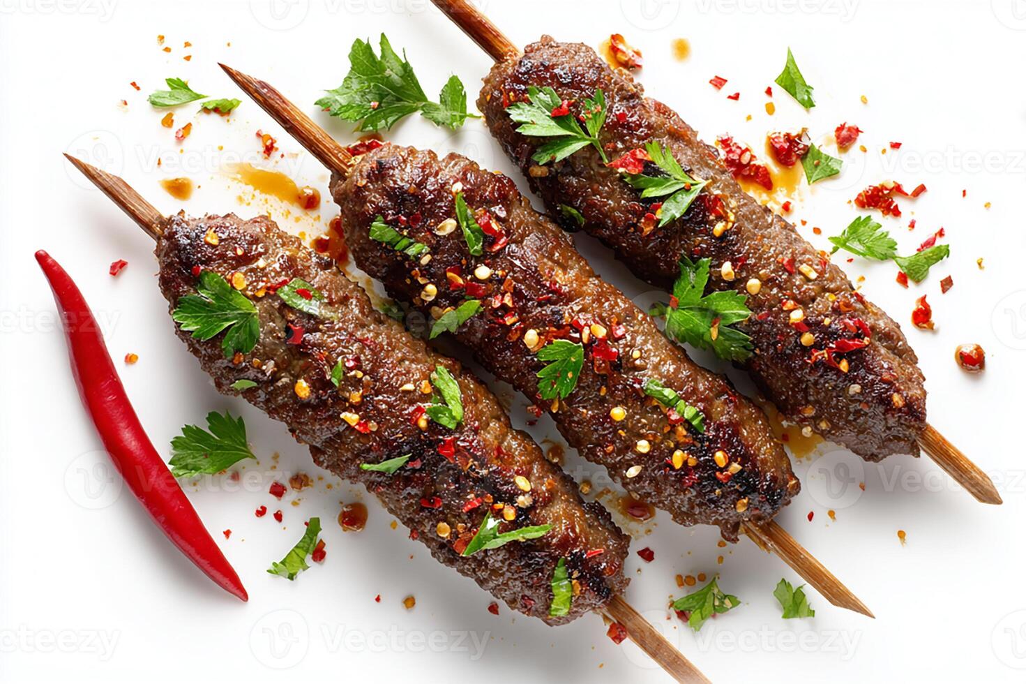 Realistic grilled kofta beef skewers drizzled with chili oil served on white plate photo
