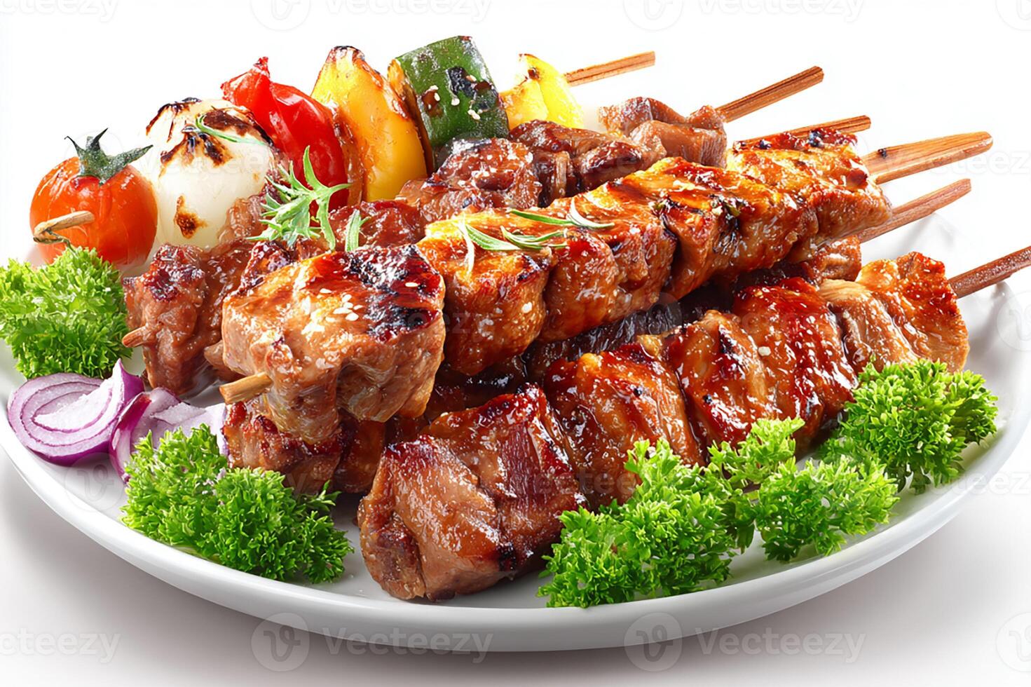 Tasty grilled meat variety platter served with herbs on white surface plate photo