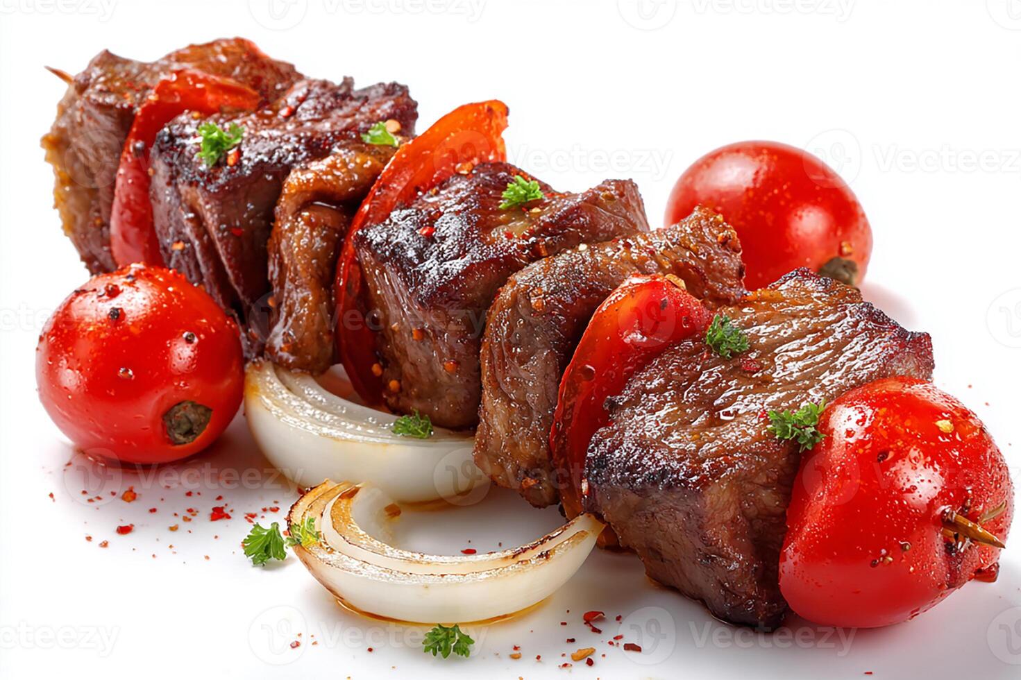 Grilled beef kababs and cherry tomatoes on clean white background photo