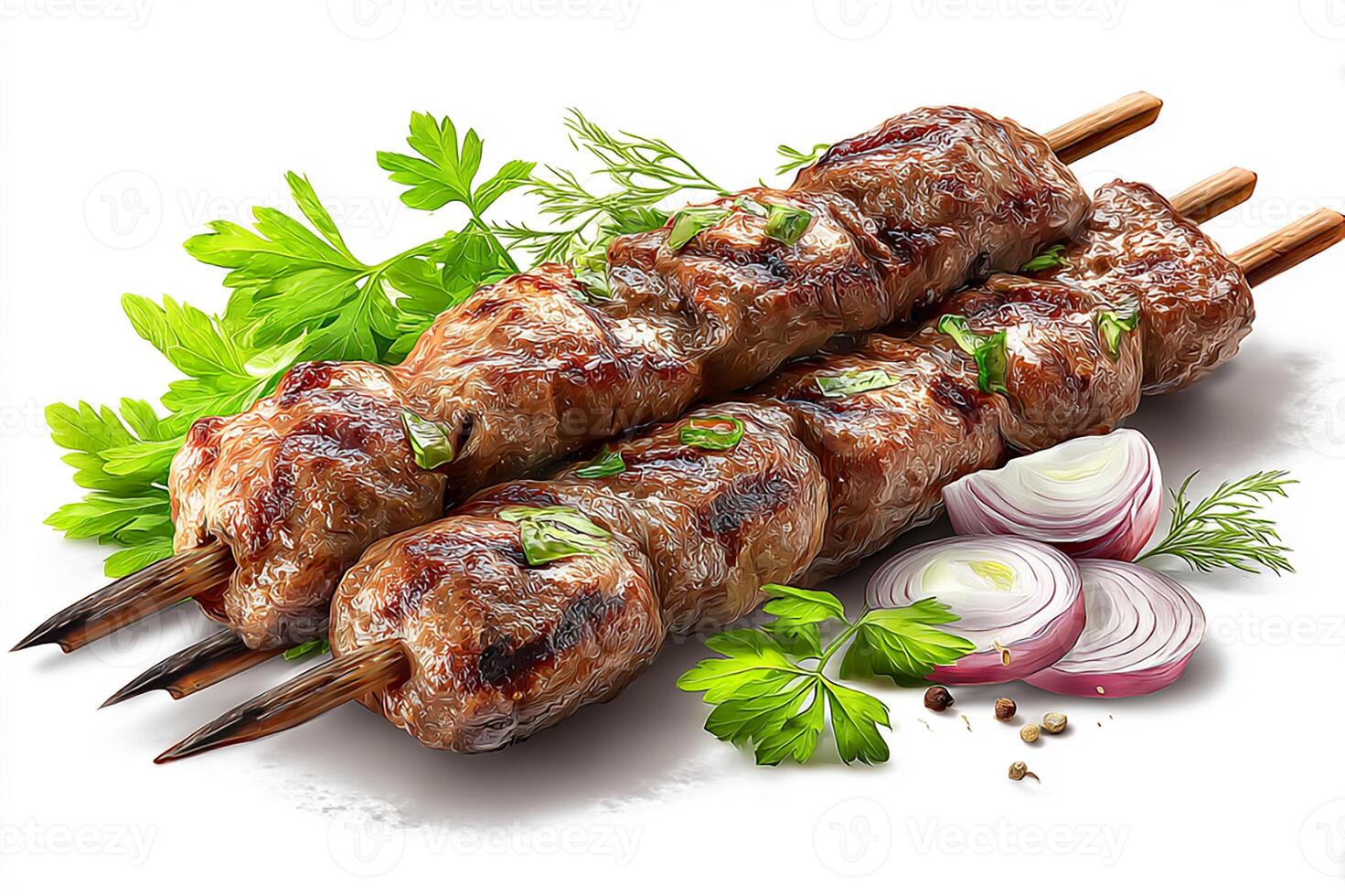 Traditional style grilled kababs placed neatly on a plain white backdrop photo