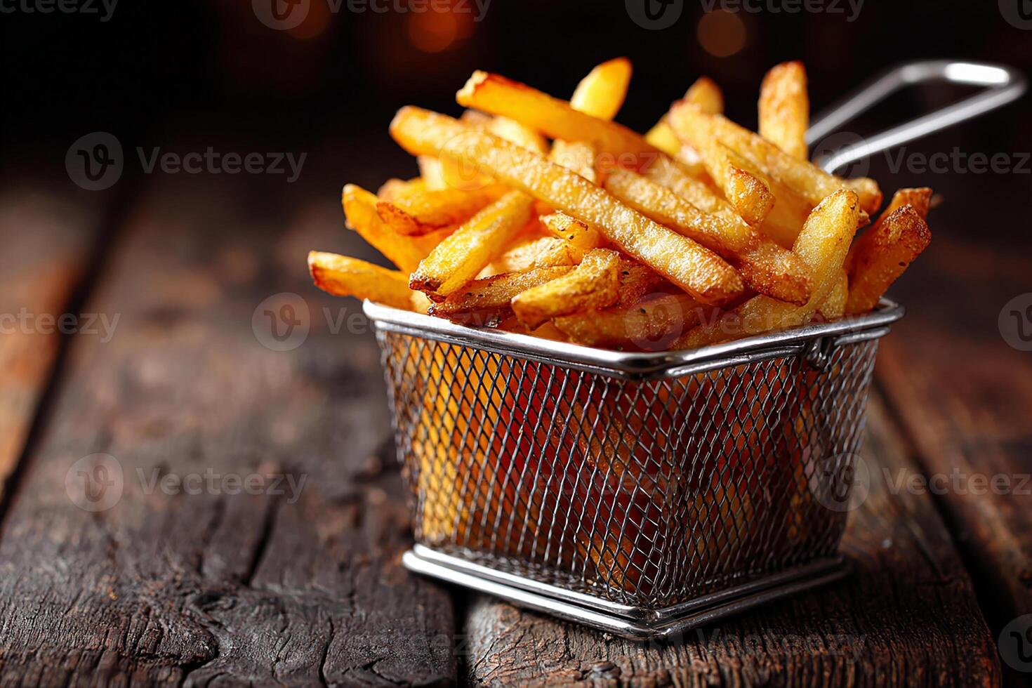 Realistic French fries served in metal basket on rustic table isolated on white photo