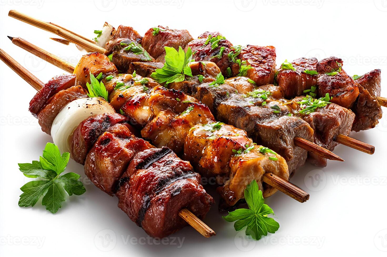 High quality photo of mixed chicken and beef grilled skewers isolated on white background