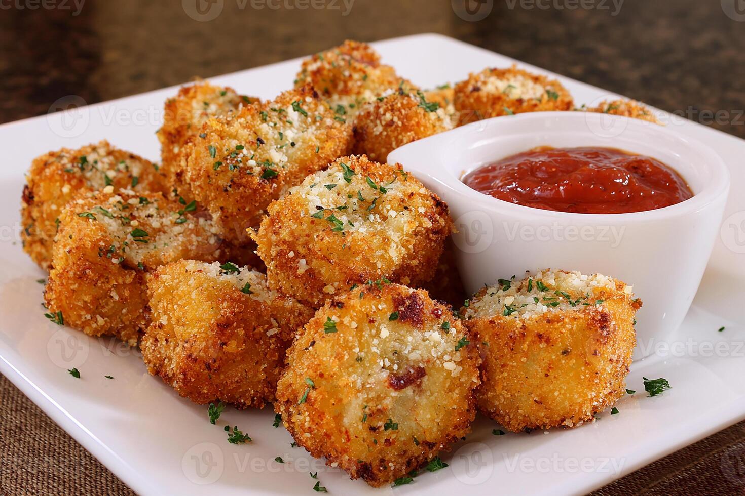 Crispy golden deep fried lasagna bites with tangy dipping sauce close up white photo