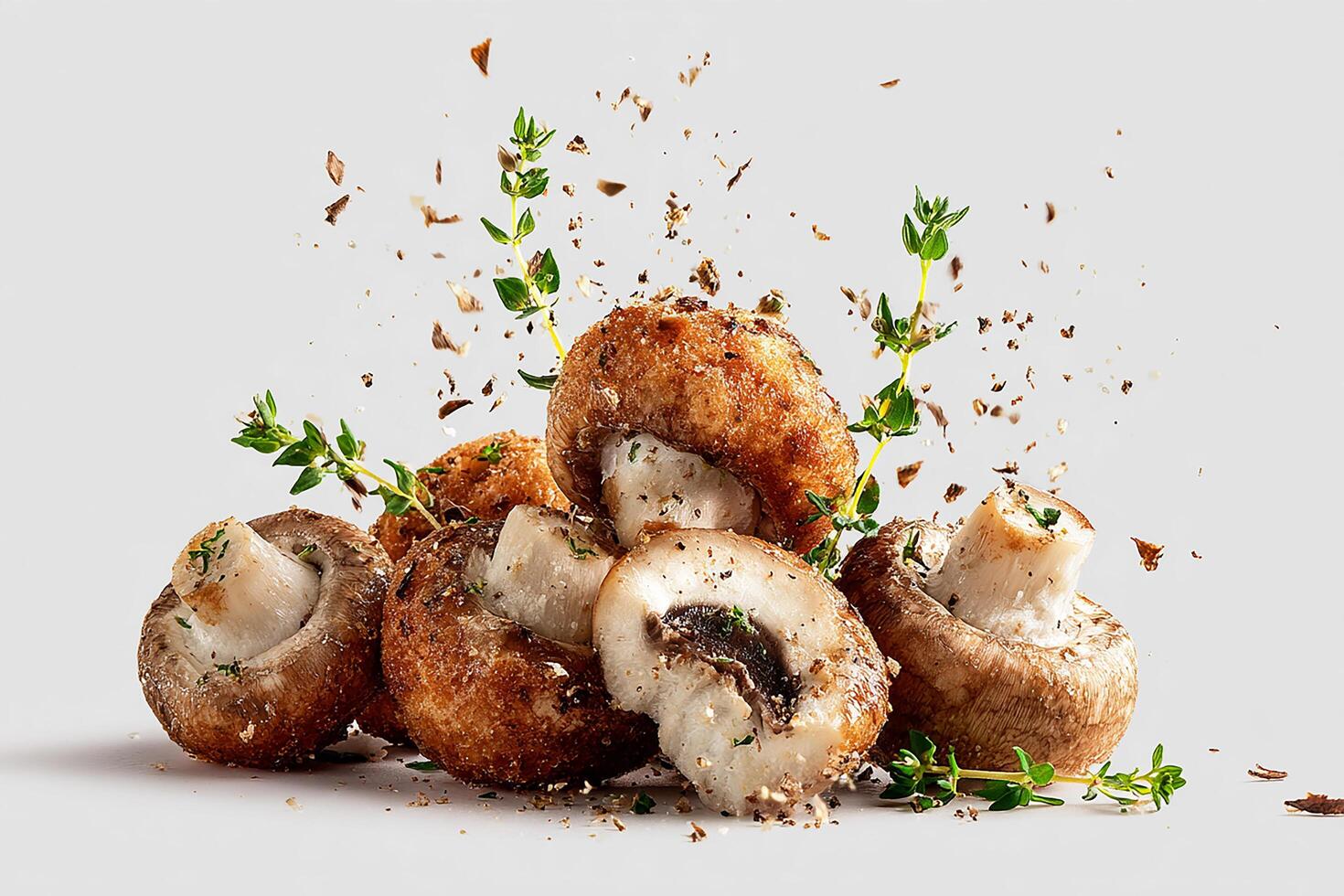 Delicious deep fried mushrooms with fresh herbs perfect snack on white background photo