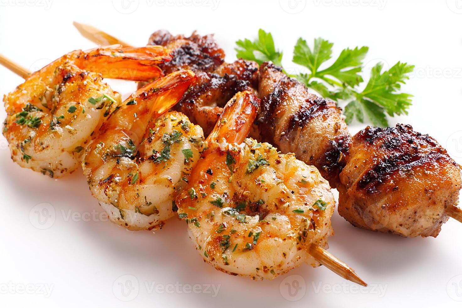 Delicious grilled shrimp and chicken skewers with smoky char marks on white surface photo