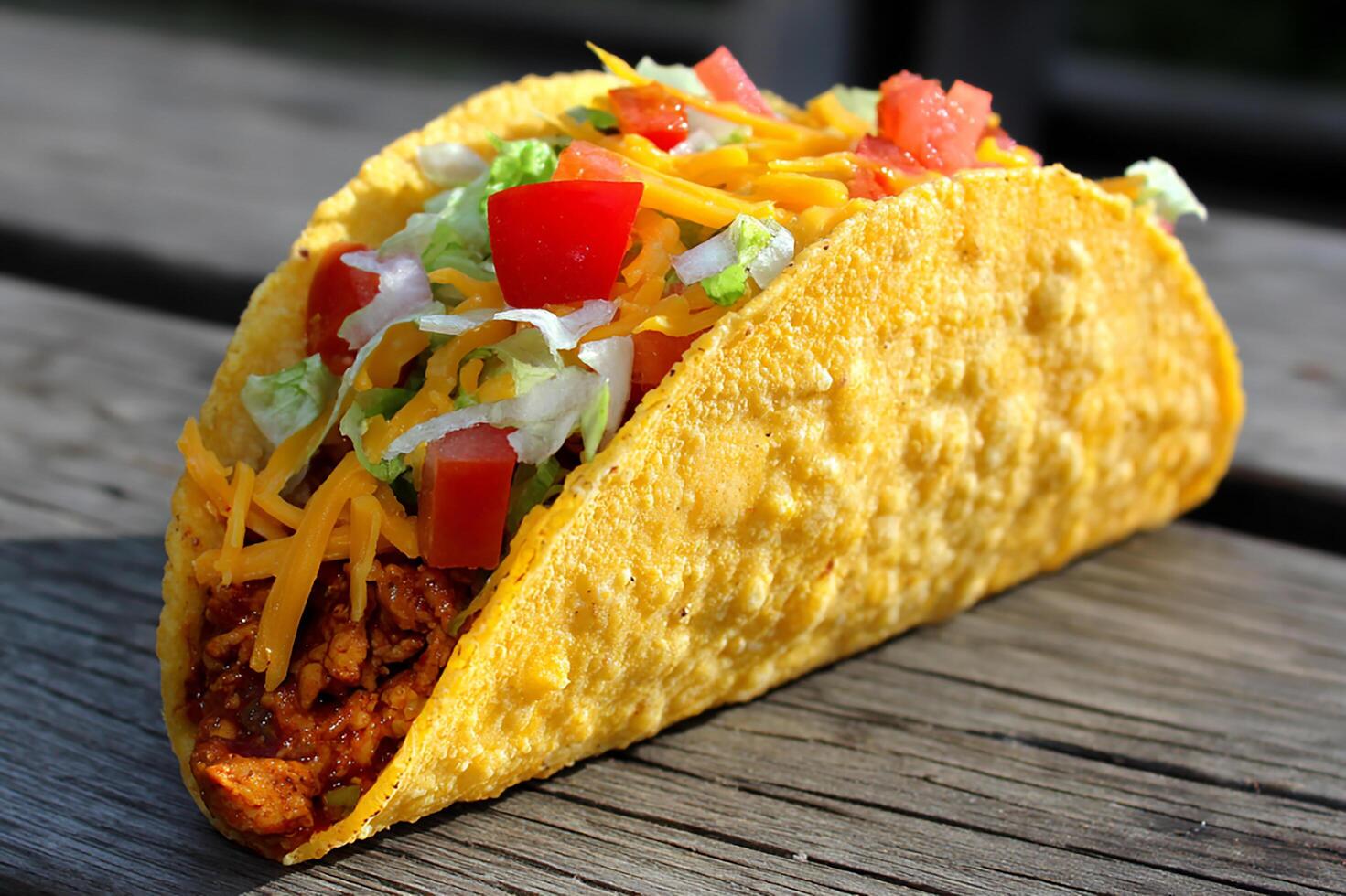 Juicy spicy chicken taco topped with melted cheese and fresh vegetables on plate photo
