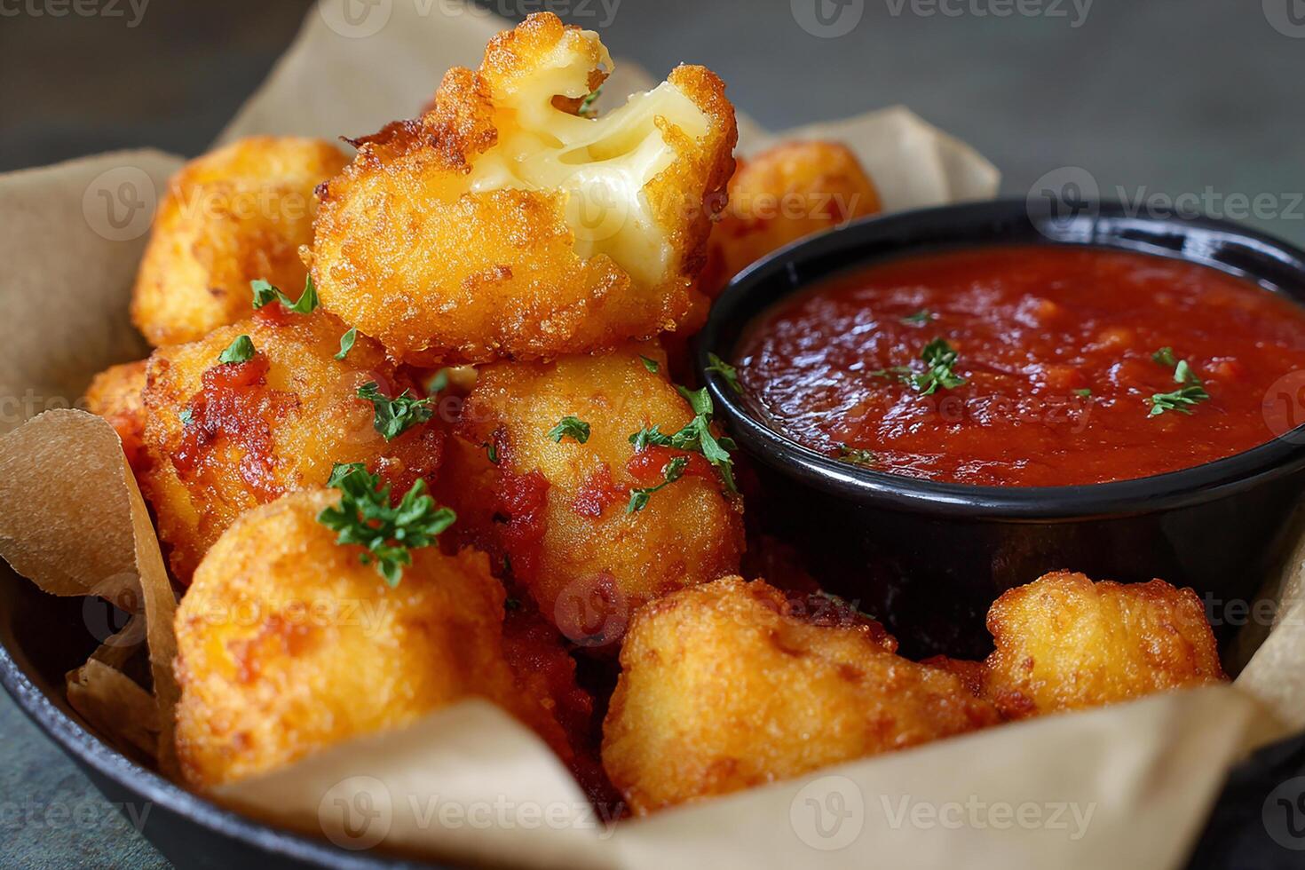 Delicious deep fried cheese curds dipped in fresh marinara sauce perfect snack photo