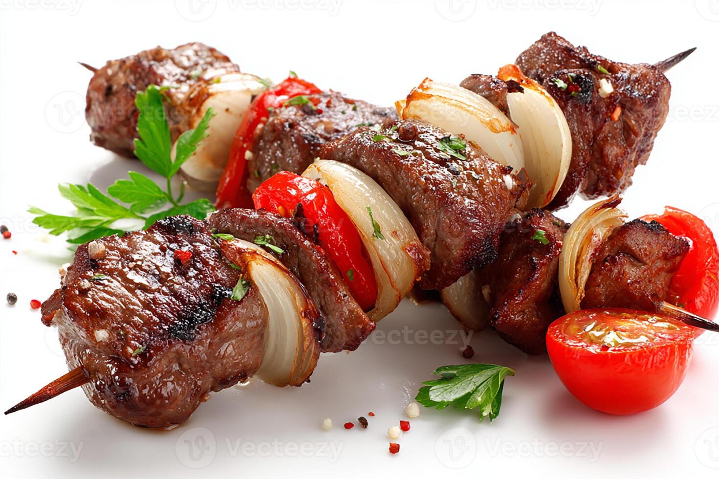 Realistic grilled beef kababs with grilled cherry tomatoes on white photo