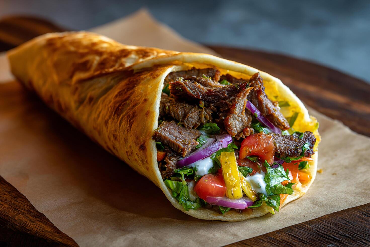Realistic Beef Shawarma Wrap Served on Parchment Paper Close Up photo