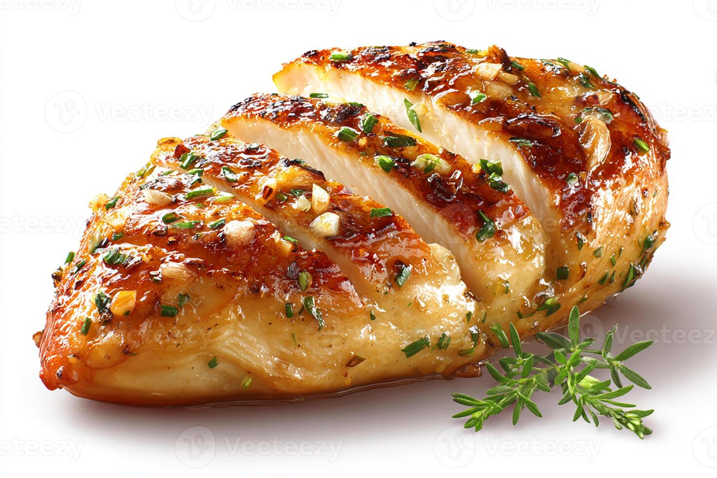 Juicy grilled chicken fillet roasted with garlic and spices on white background photo