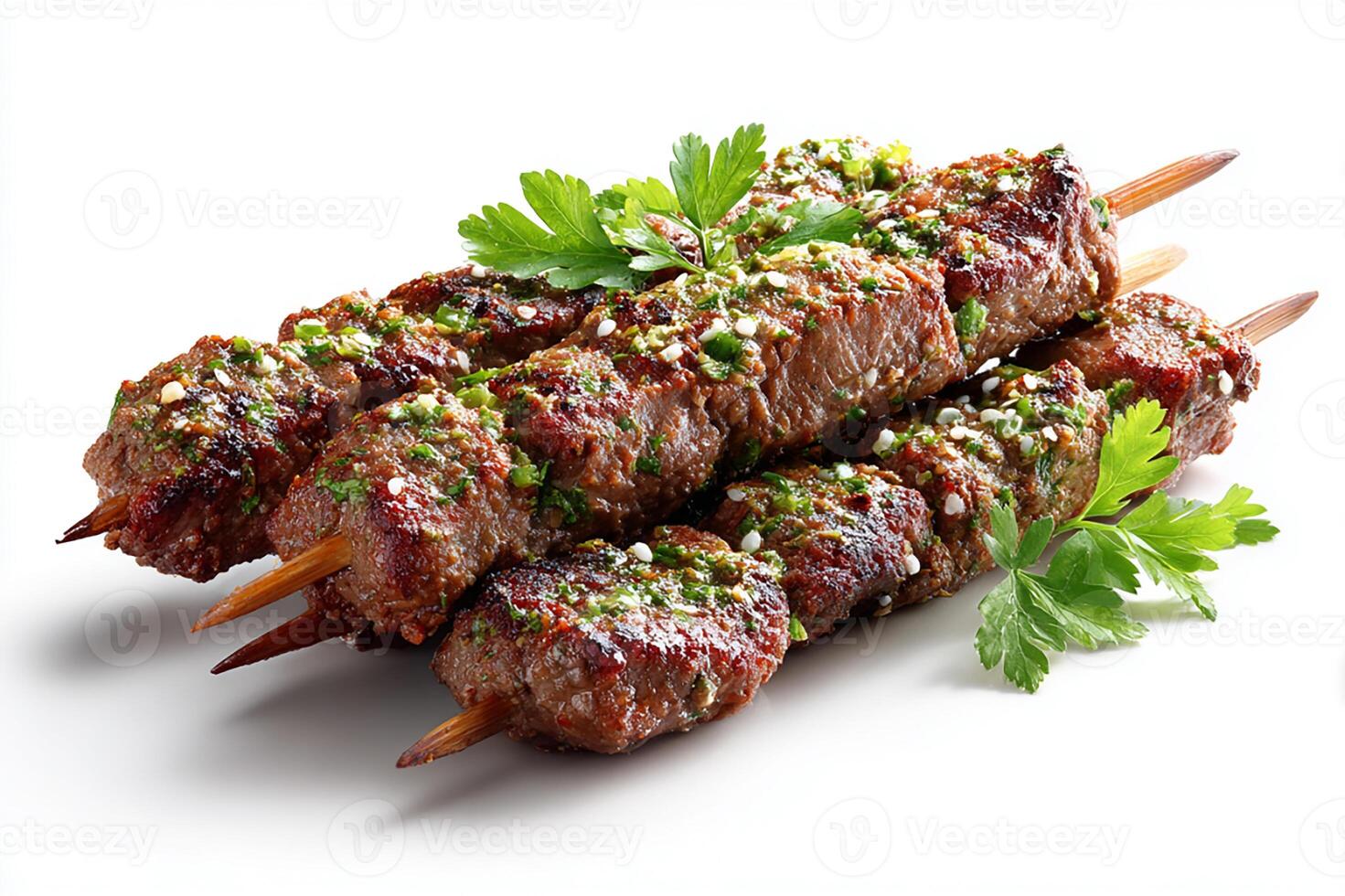 High quality photo of cumin beef kababs grilled to perfection on white background