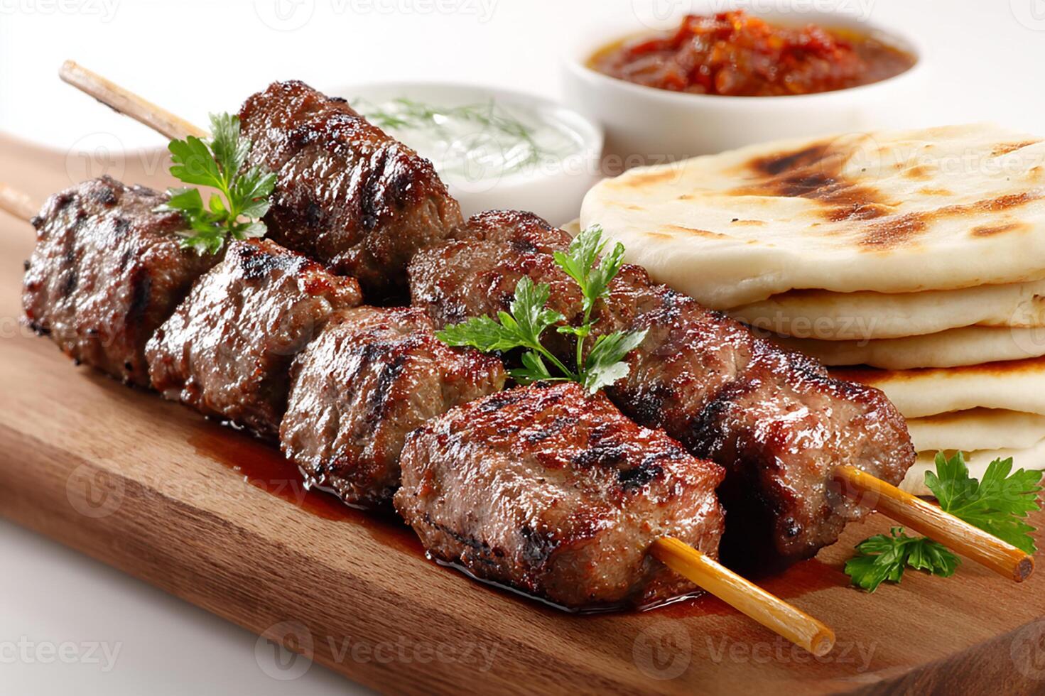 Tasty beef kababs with flatbread and dip on clean white surface photo