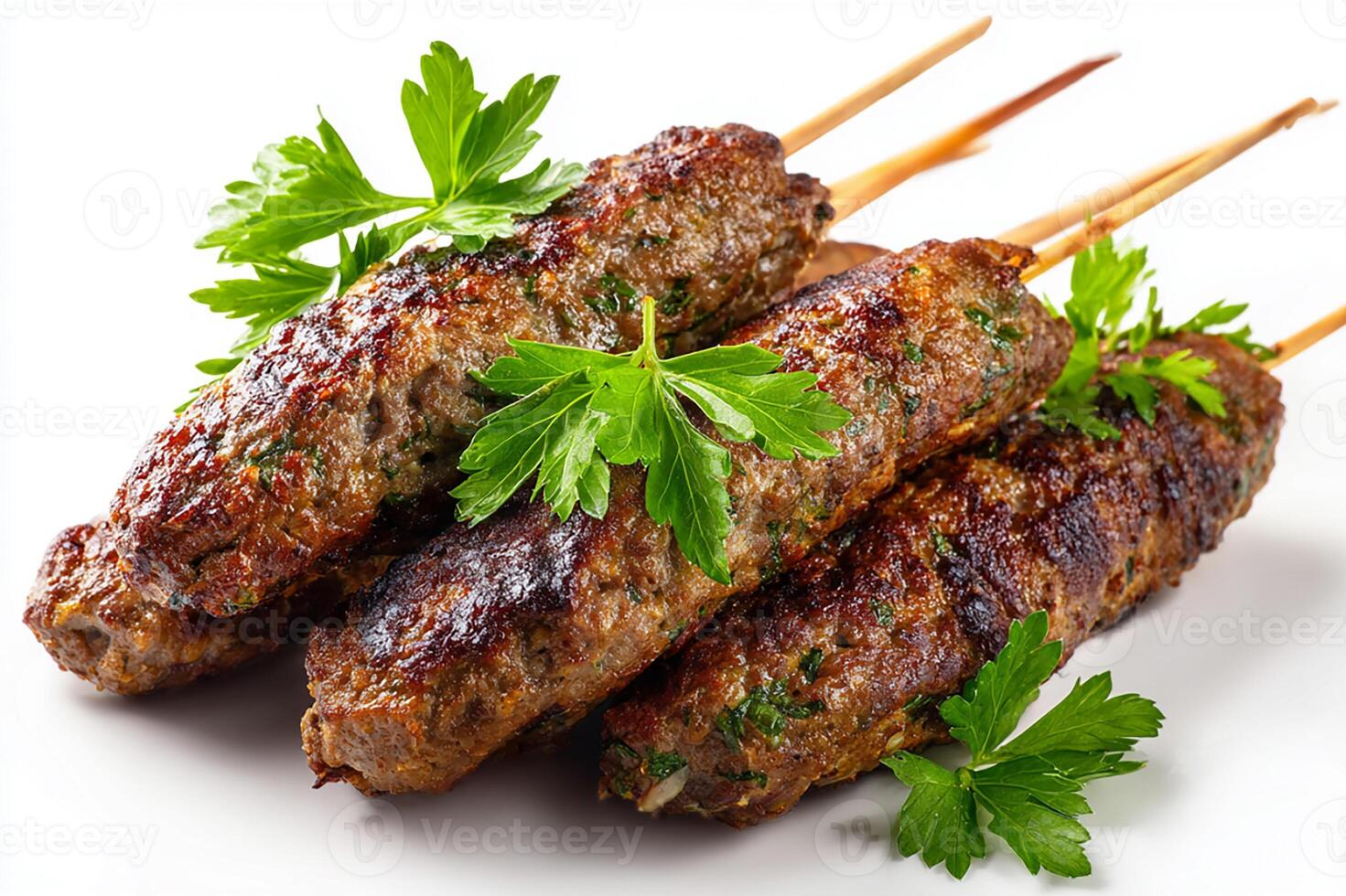 realistic grilled kofta skewers garnished with fresh parsley on white background photo