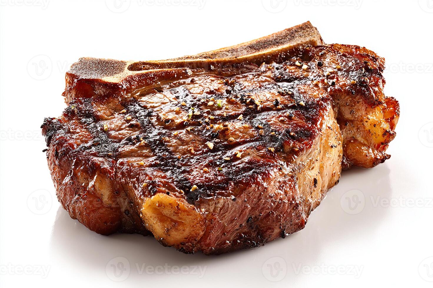 Deliciously grilled cowboy bone in steak with charred edges on white background photo